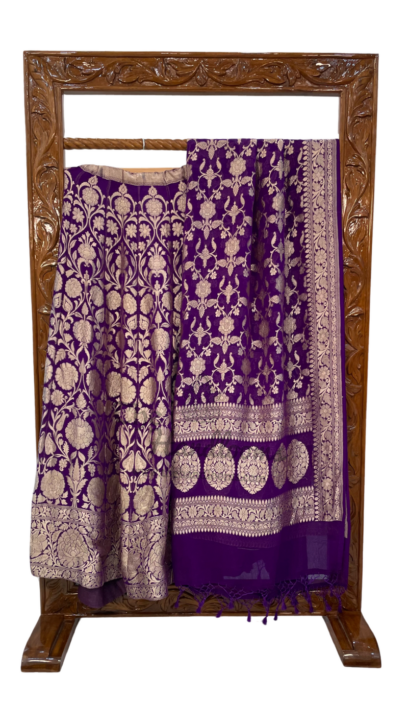 Purple Pure Khaddi Georgette Handloom Banarasi Lehenga - Stitched - The Handlooms
