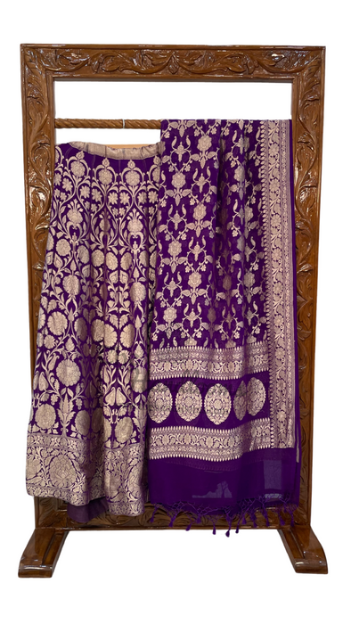 Purple Pure Khaddi Georgette Handloom Banarasi Lehenga - Stitched