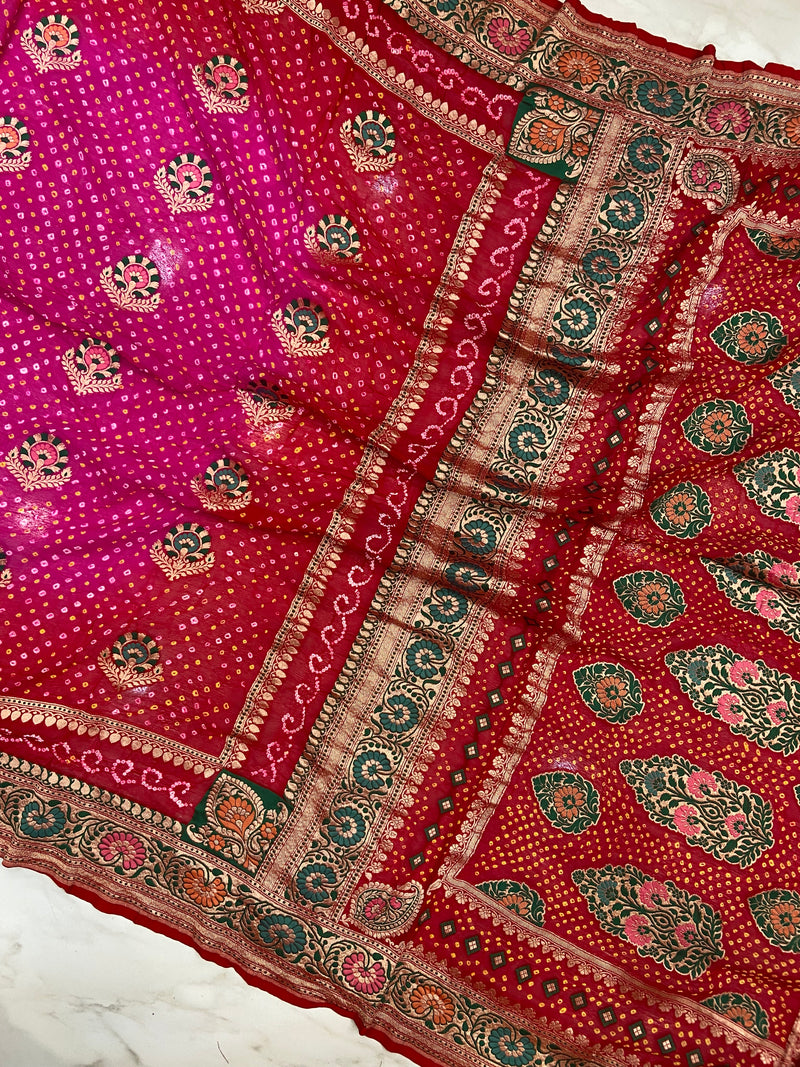 Pure Georgette Banarasi Bandhej Handloom Saree - Meenakari