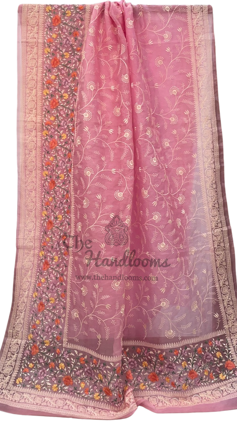 Pink Pure Organza Chikankari Handloom Banarasi Saree - The Handlooms