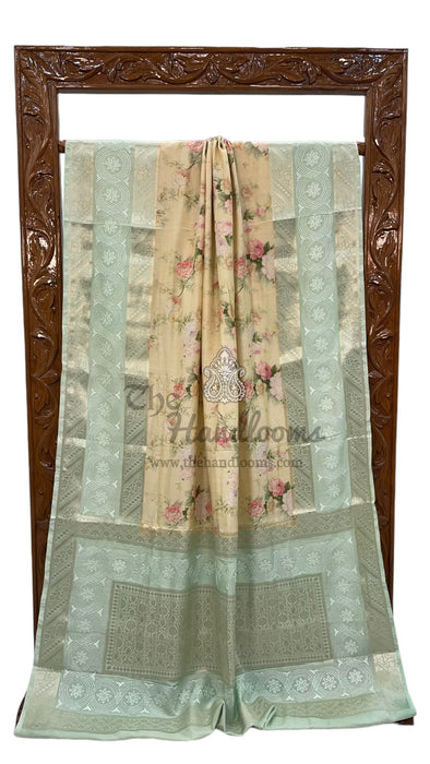 Pure Chiniya Silk Handloom Banarasi Saree Digital Print With Chikankari