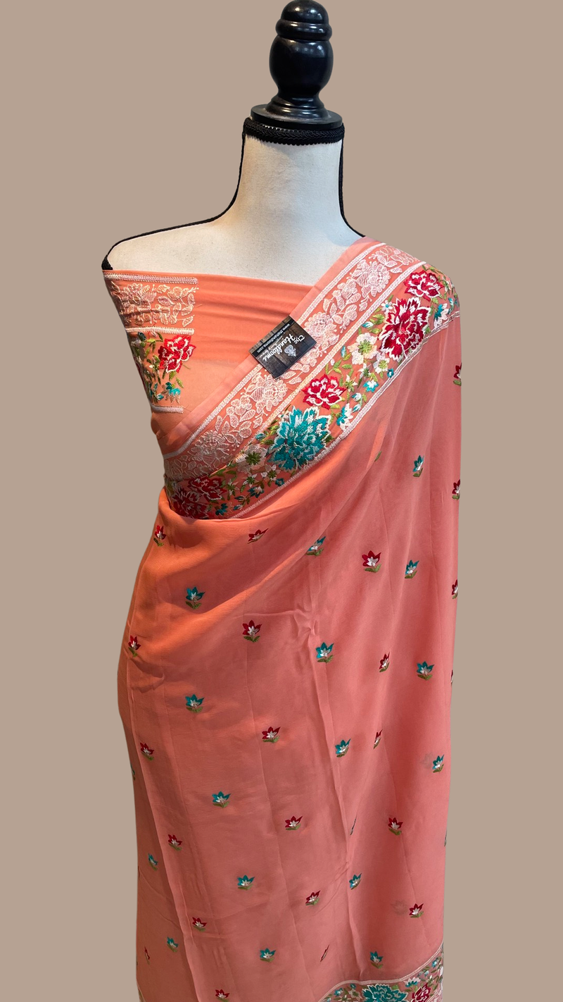 Pure Georgette Chikankari Handloom Banarasi Saree - The Handlooms
