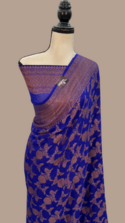 Royal Blue Pure Chiffon Khaddi Banarasi Saree - The Handlooms