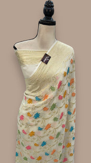 Off-white Pure Khaddi Georgette Handloom Banarasi Saree - All over Jaal Work With Meenakari - The Handlooms