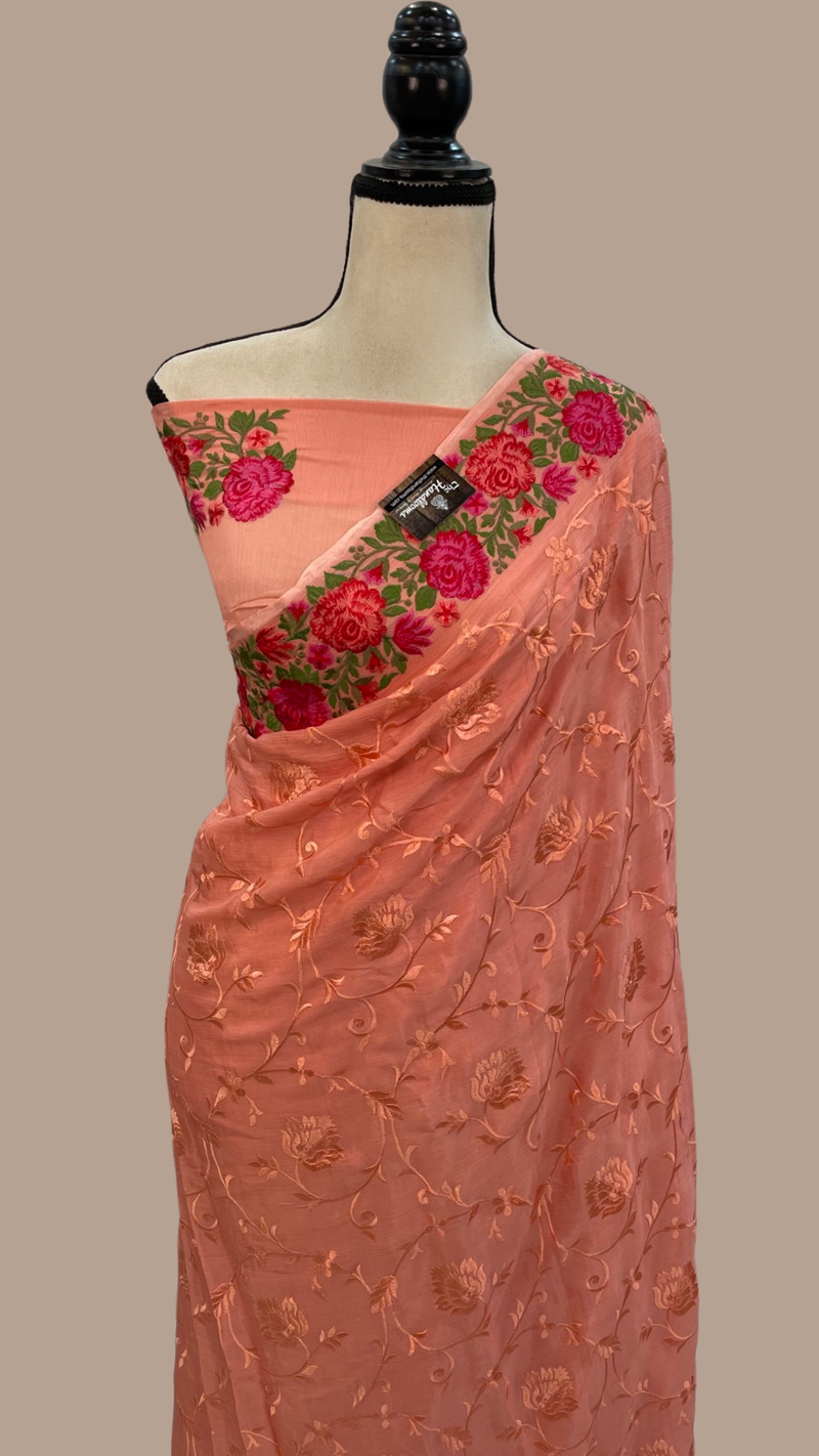Pure Georgette Chikankari Handloom Banarasi Saree - The Handlooms