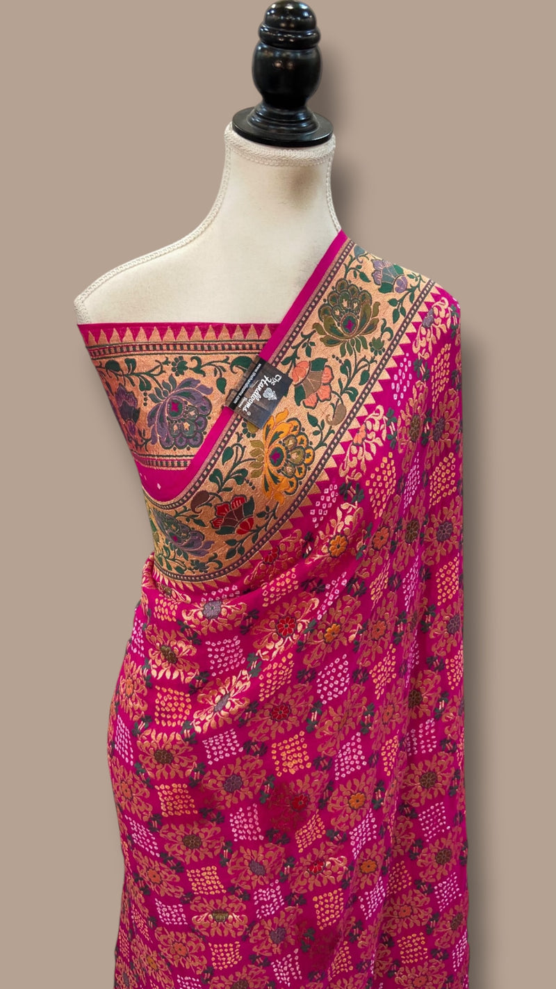 Pure Georgette Banarasi Bandhej Handloom Saree - Meenakari
