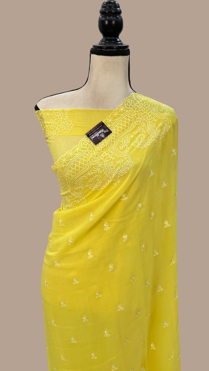 Pure Georgette Chikankari Handloom Banarasi Saree - The Handlooms