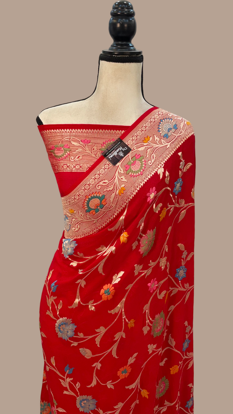 Khaddi Georgette Handloom Banarasi Saree - All over Jaal Work With Meenakari - The Handlooms