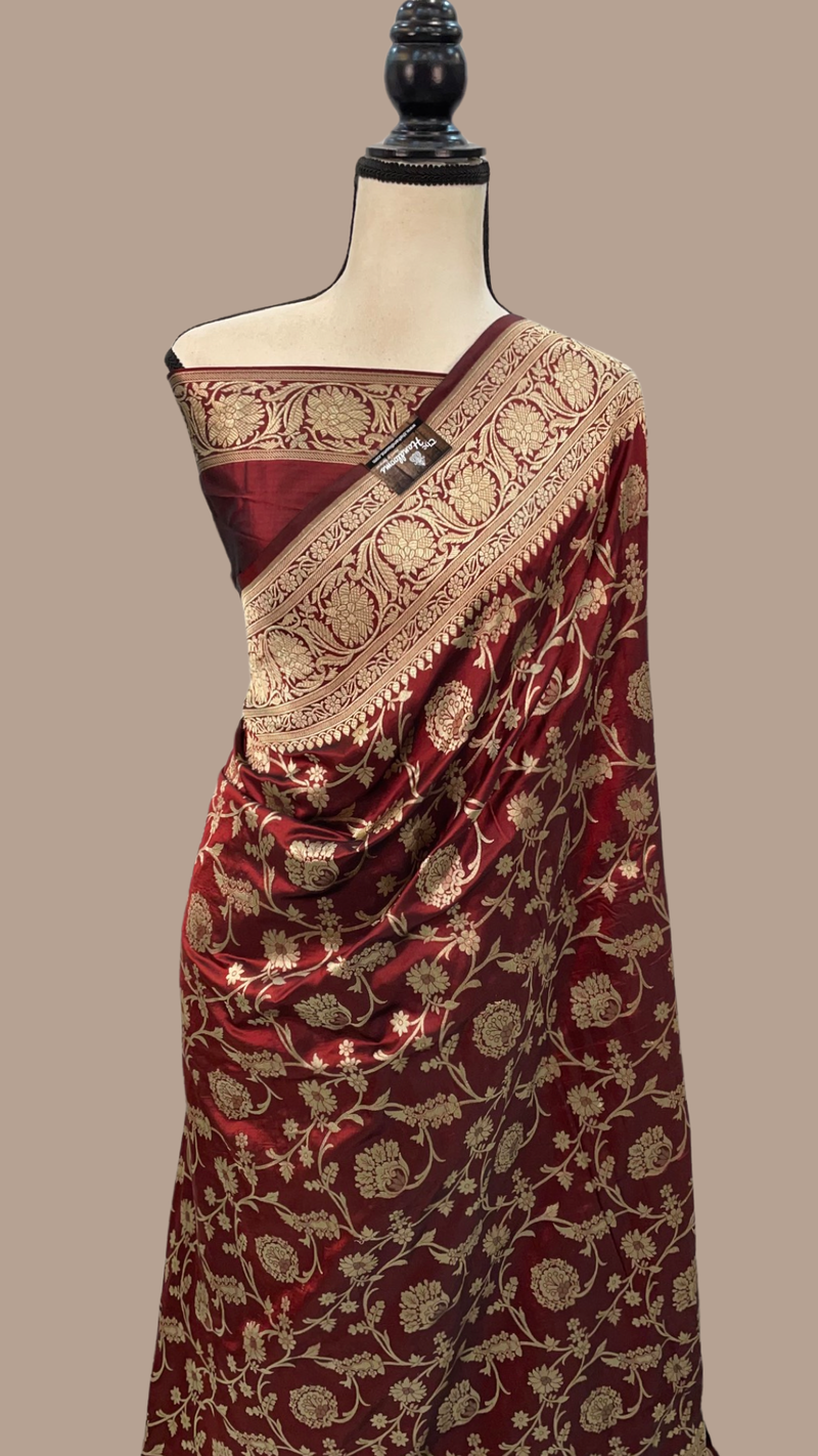 Maroon Pure Katan Silk Banarasi Handloom Saree - All Over Jaal Work - The Handlooms