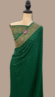 Green Pure Khaddi Crepe Georgette Handloom Banarasi Saree - The Handlooms