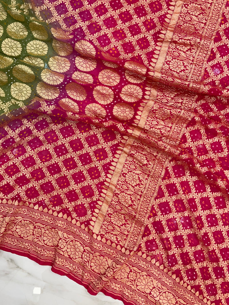 Dual Shade Pure Georgette Banarasi Bandhej Handloom Saree - The Handlooms