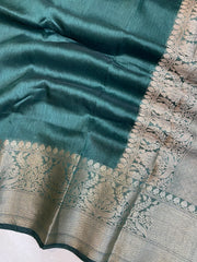 Pure linen Banarasi Basil Green Saree - The Handlooms