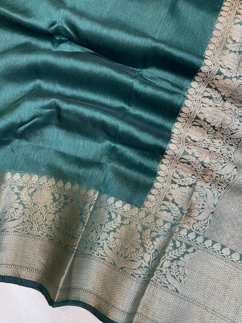 Pure linen Banarasi Basil Green Saree - The Handlooms