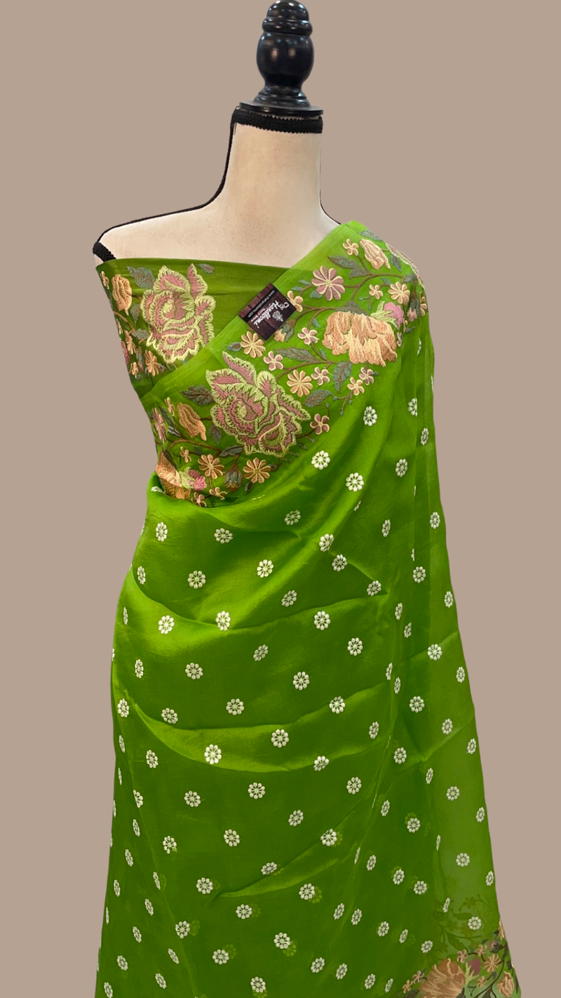 Green Pure Organza Chikankari Handloom Banarasi Saree - The Handlooms