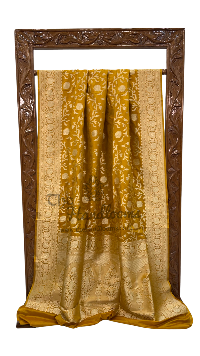 Mustard Yellow Pure Katan Silk Banarasi Handloom Saree - All Over Jaal Work - The Handlooms