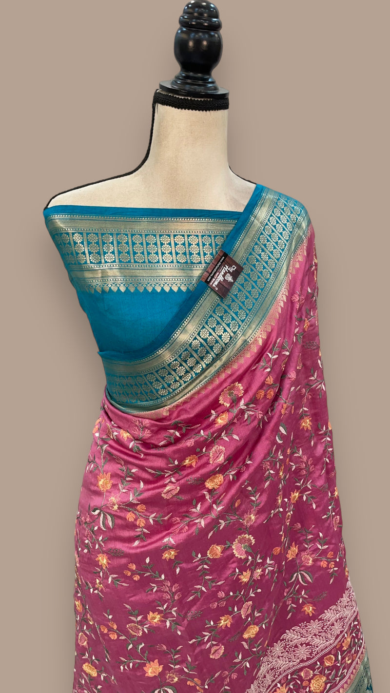 Pure Chiniya Silk Handloom Banarasi Saree with Chikankari - The Handlooms