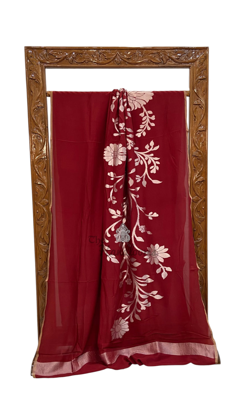 Pure Khaddi Georgette Handloom Banarasi Saree - Silver Zari
