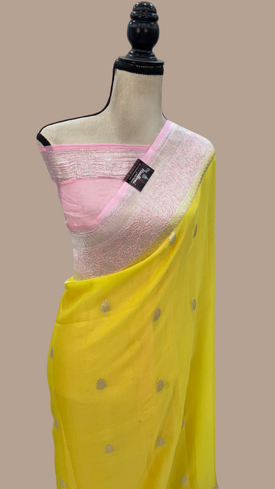 Lemon with Blush Pink Pure Georgette Handloom Banarasi Saree
