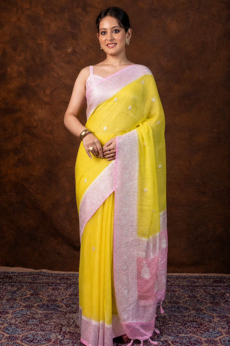 Yellow Pure Georgette Handloom Banarasi Saree - Silver Zari