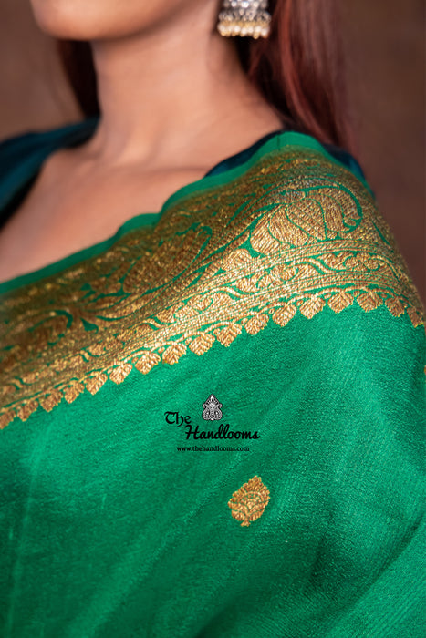 Green Pure Tussar Georgette Handloom Banarasi Saree - All over kadua motifs