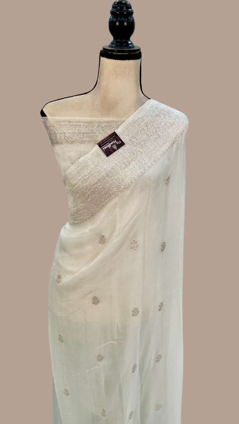 Pure Georgette Banarasi Saree - White - The Handlooms