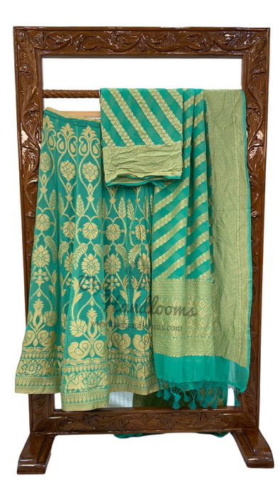 Turquoise Green Pure Khaddi Georgette Handloom Banarasi Lehenga - Stitched - The Handlooms
