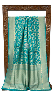 Turquoise Pure Katan Silk Banarasi Handloom Saree - All Over Jaal Work - The Handlooms