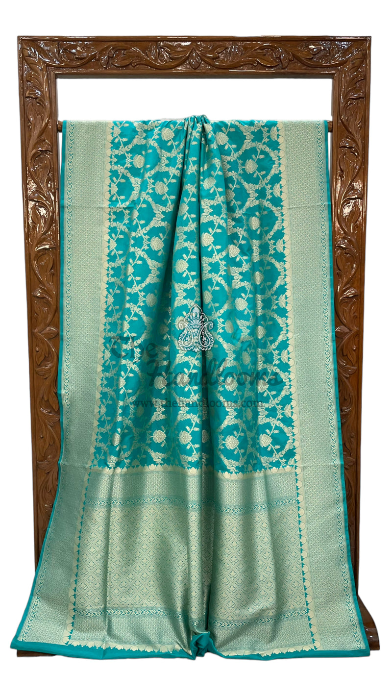 Turquoise Pure Katan Silk Banarasi Handloom Saree - All Over Jaal Work - The Handlooms
