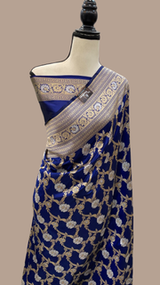 Navy Blue Blue Pure Katan Silk Banarasi Handloom Saree - All over Sona Roopa Jaal work - The Handlooms