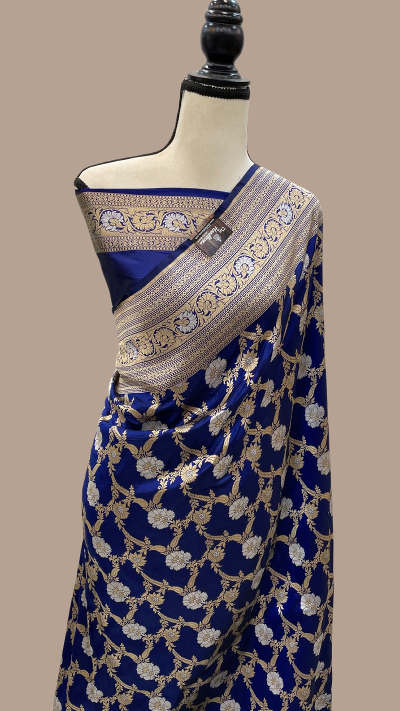 Navy Blue Blue Pure Katan Silk Banarasi Handloom Saree - All over Sona Roopa Jaal work - The Handlooms