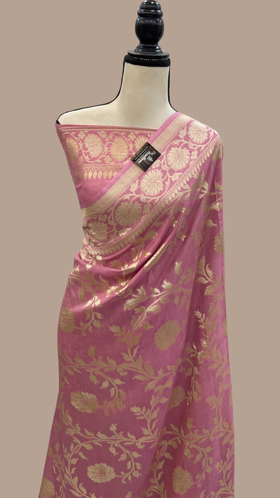 Onion Pink Tussar Georgette Handloom Banarasi Saree