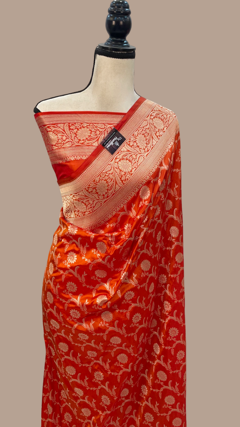 Orange Pure Katan Silk Banarasi Handloom Saree - All Over Jaal Work - The Handlooms