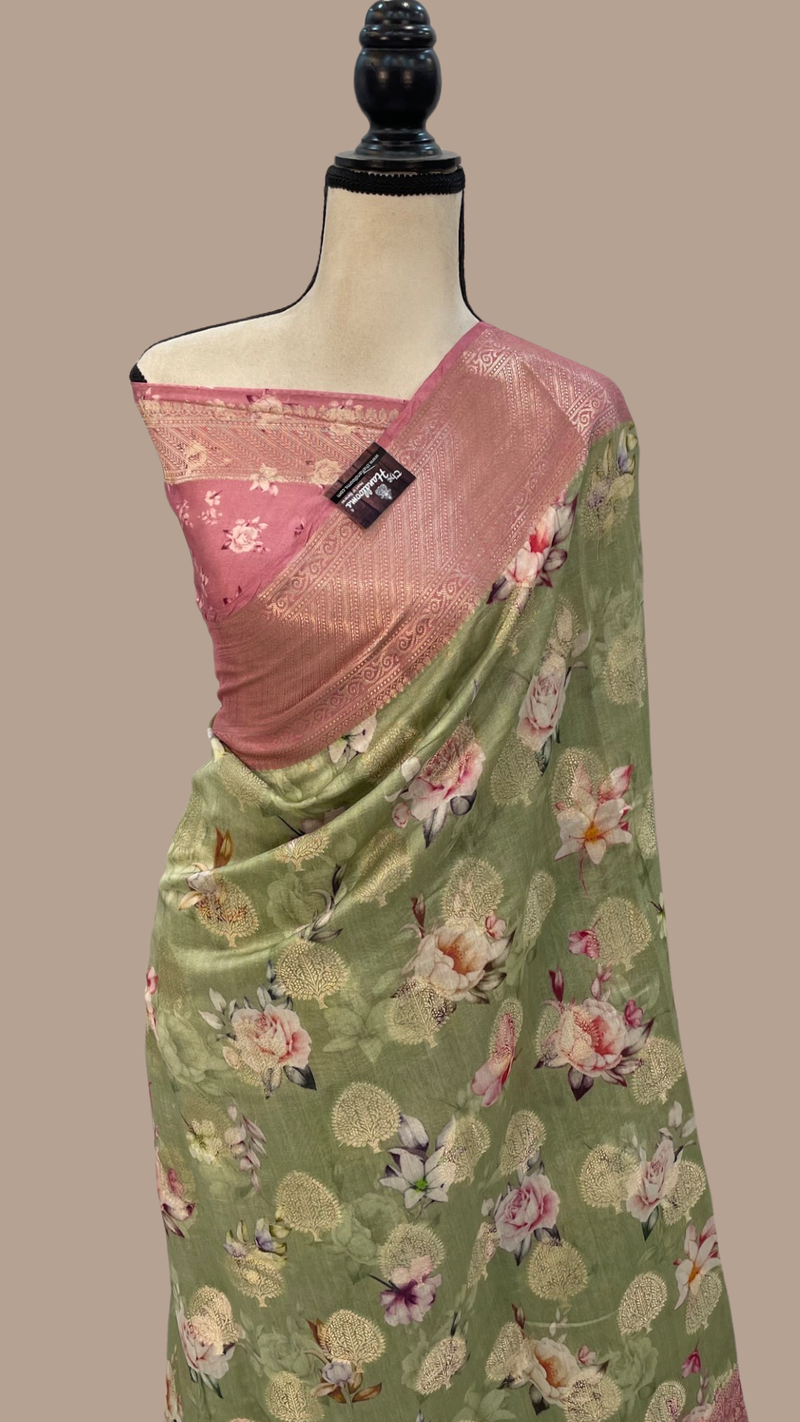 Pure Chiniya Silk Digital Print Handloom Banarasi Saree - The Handlooms