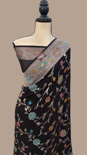 Black Pure Khaddi Georgette Handloom Banarasi Saree - All over Jaal Work With Meenakari - The Handlooms