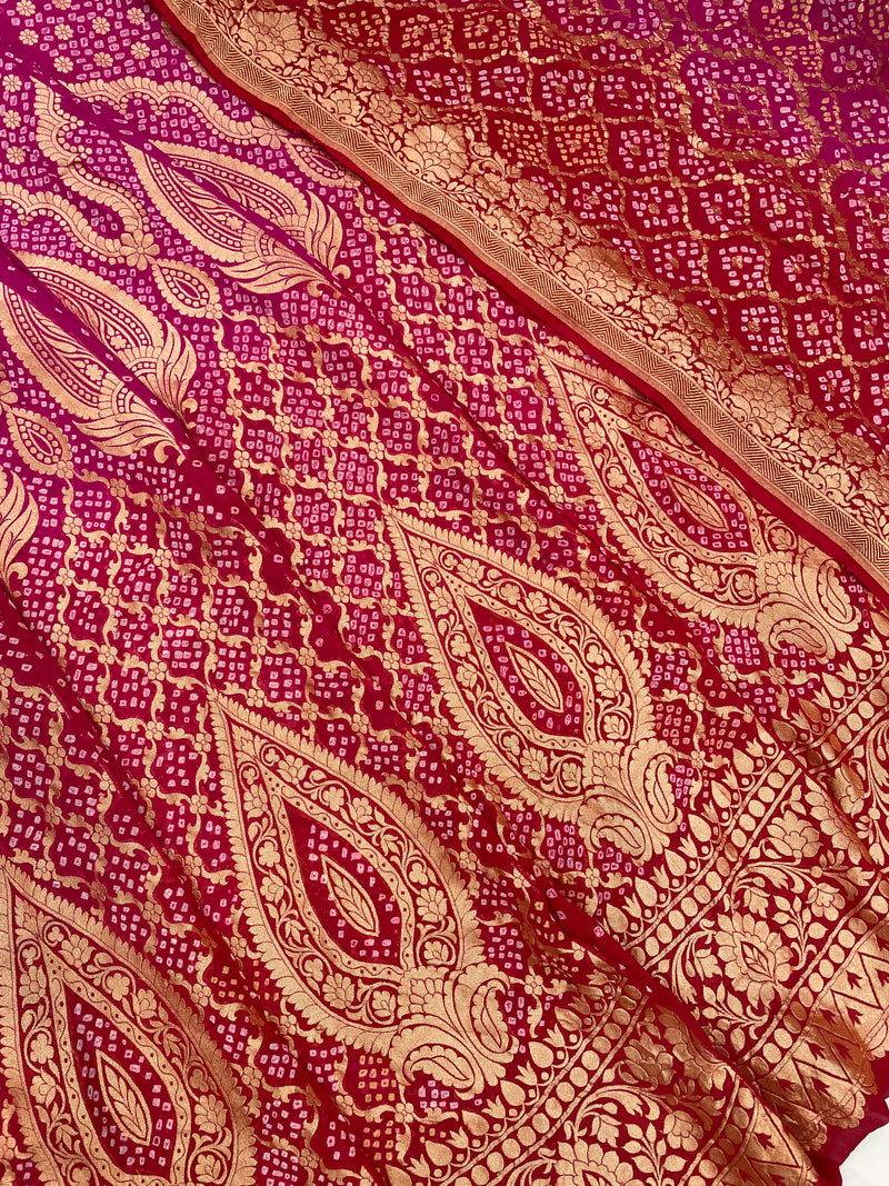 Pure Khaddi Georgette Bandhani Handloom Banarasi Lehenga - The Handlooms