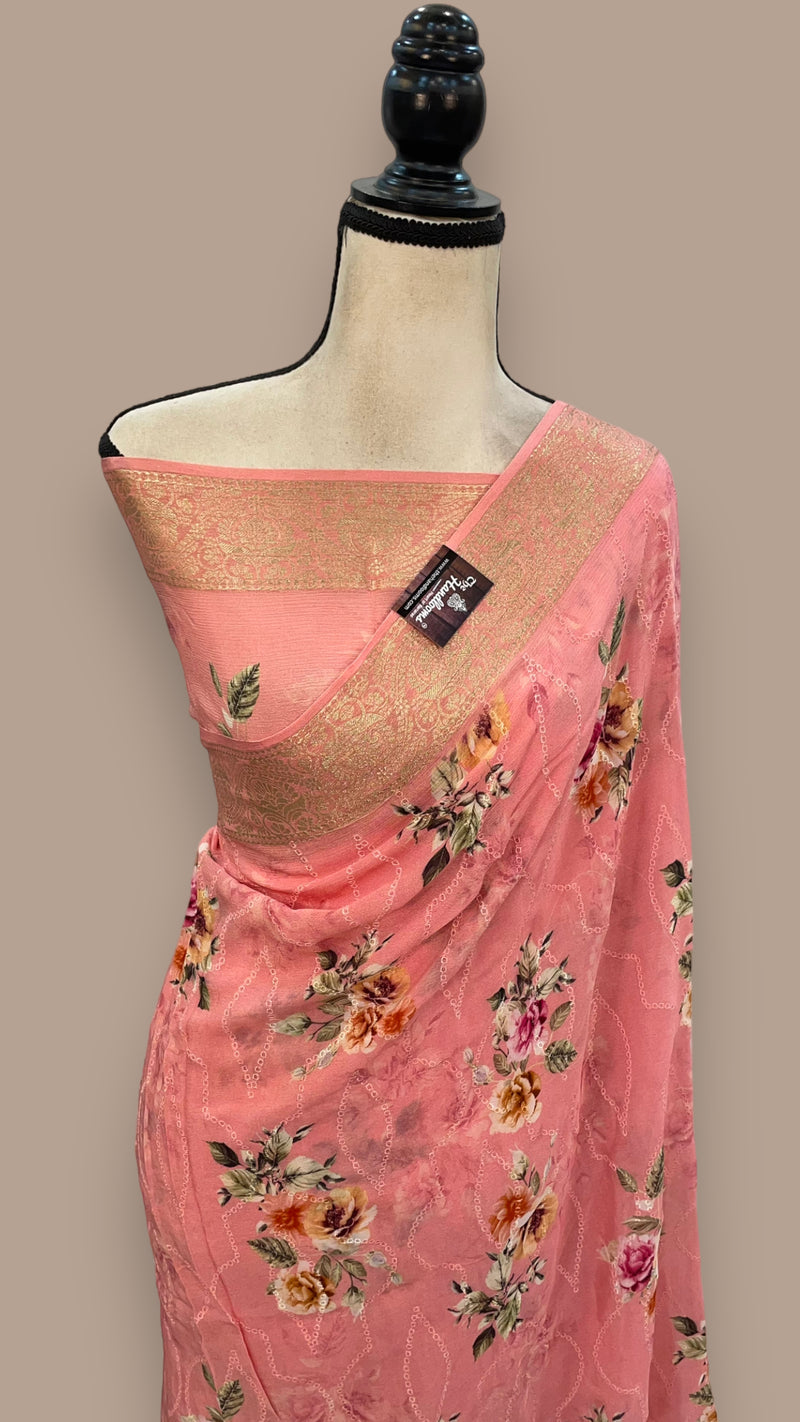 Pure Georgette Chikankari Handloom Banarasi Saree - The Handlooms