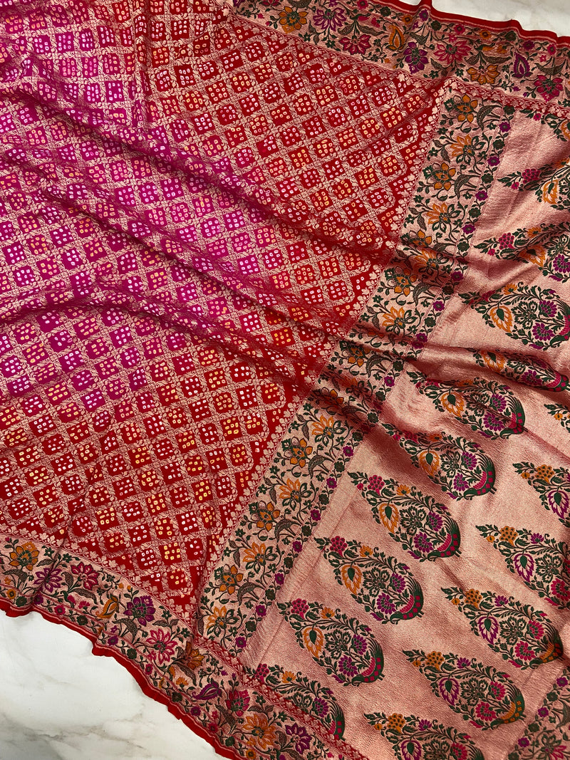 Pure Georgette Banarasi Bandhej Handloom Saree - Meenakari