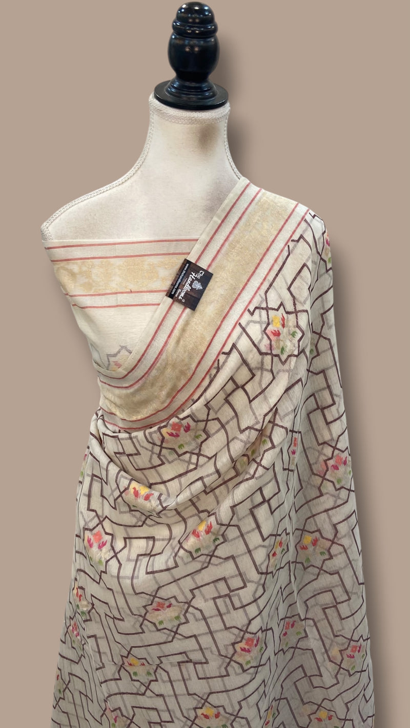 Real Zari Pure Cotton Jamdani Silk Banarasi Handloom Saree - All Over Kadiyal Jaal Work