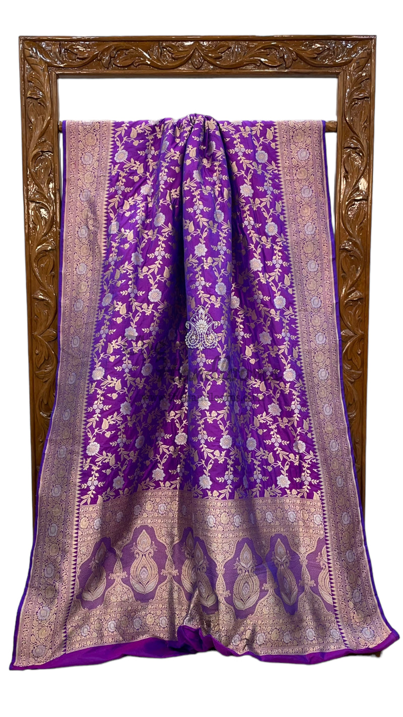 Purple Pure Katan Silk Banarasi Handloom Saree - All over Sona Roopa Jaal work - The Handlooms