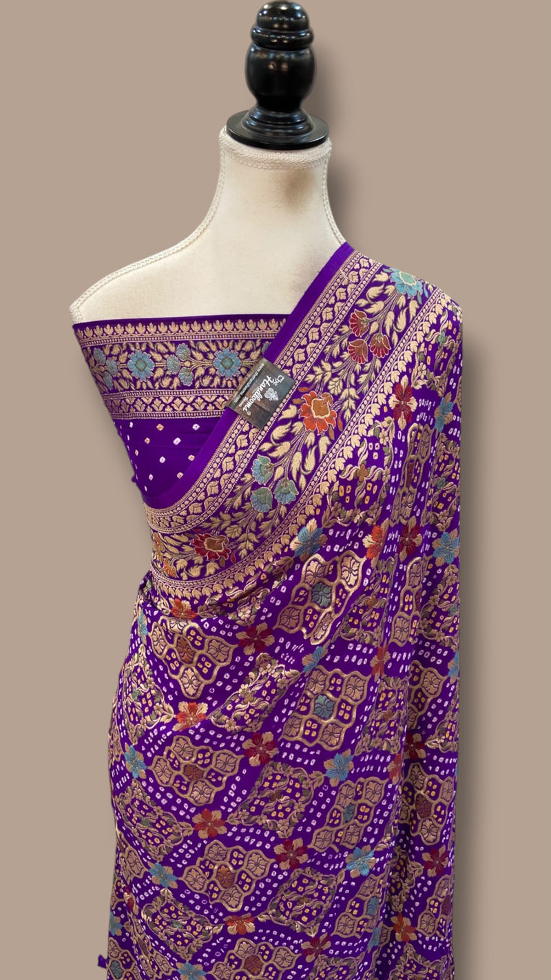 Pure Georgette Banarasi Bandhej Handloom Saree - Meenakari