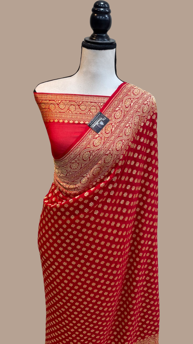 Red Khaddi Georgette Banarasi Saree -  Gold zari - The Handlooms
