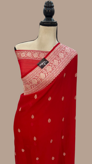 Red Pure Georgette Handloom Banarasi Saree - The Handlooms
