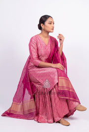 Hot Pink Pure Khaddi Georgette Brocade Kurta with Sharara - The Handlooms