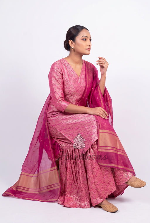 Hot Pink Pure Khaddi Georgette Brocade Kurta with Sharara - The Handlooms