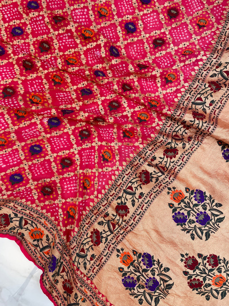 Pure Georgette Banarasi Bandhej Handloom Saree - with meenakari work - The Handlooms