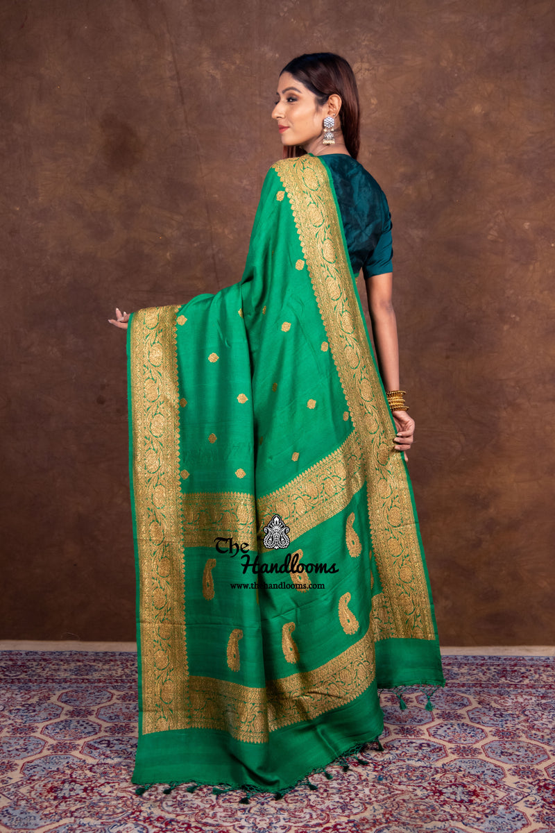 Green Pure Tussar Georgette Handloom Banarasi Saree - All over kadua motifs - The Handlooms