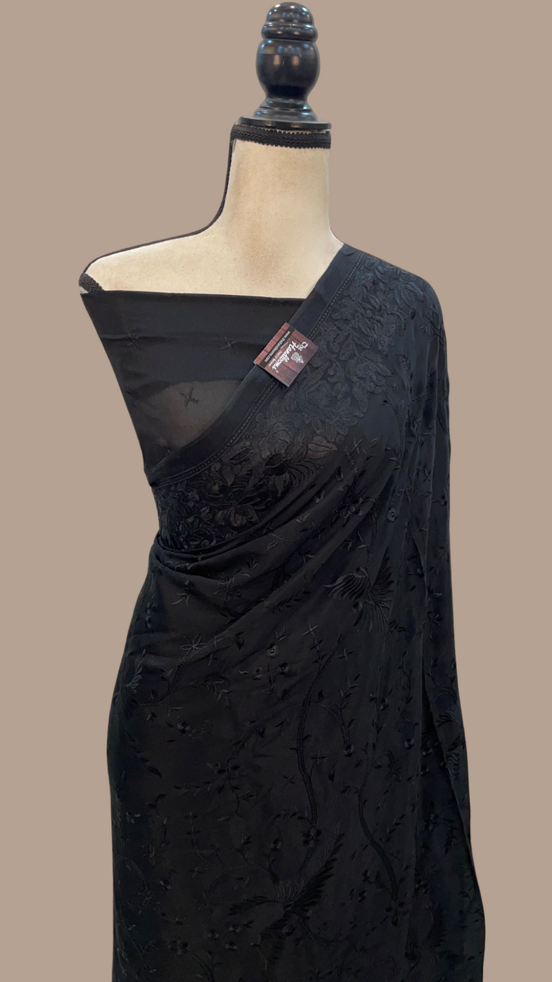 Black Pure Georgette Chikankari Handloom Banarasi Saree - The Handlooms