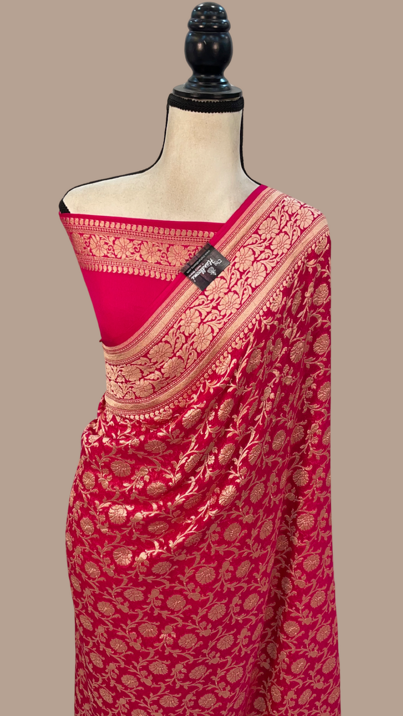 Hot Pink Pure Khaddi Georgette Banarasi Saree -  Gold zari - The Handlooms