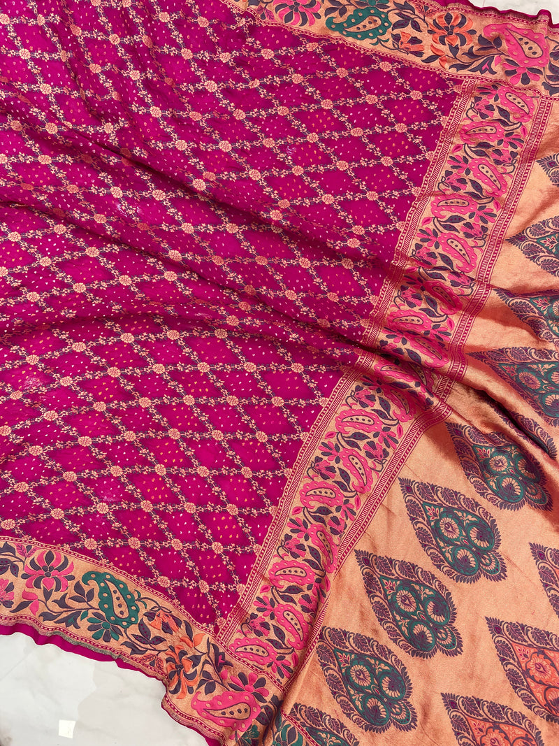 Pure Georgette Banarasi Bandhej Handloom Saree - with meenakari work - The Handlooms
