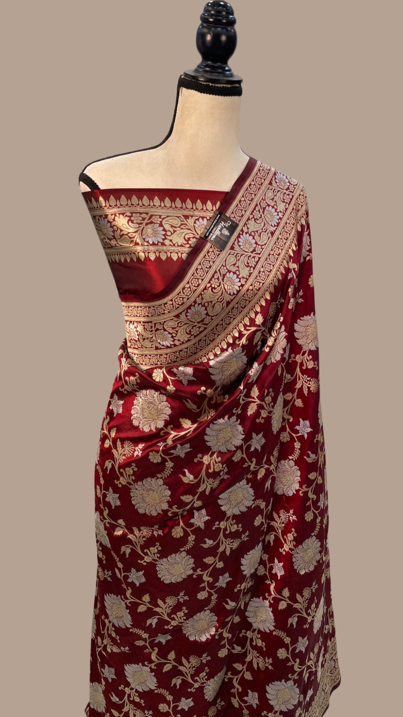 Maroon Pure Katan Silk Banarasi Handloom Saree - All Over Sona Roopa Jaal Work - The Handlooms